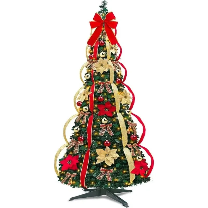 6.5 Ft Prelit Full Christmas Tree Decor Pop up Xmas Tree 250 Warm Lights,36 Ornaments,Red&Gold Ribbon,18 Flowers,26 Bows,Ul