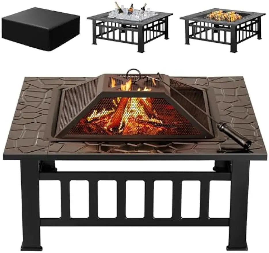 32 Inch Metal Outdoor Fire Pit Table Multiuse Square Patio BBQ Firepit with Spark Screen Lid and Waterproof Cover for Camping