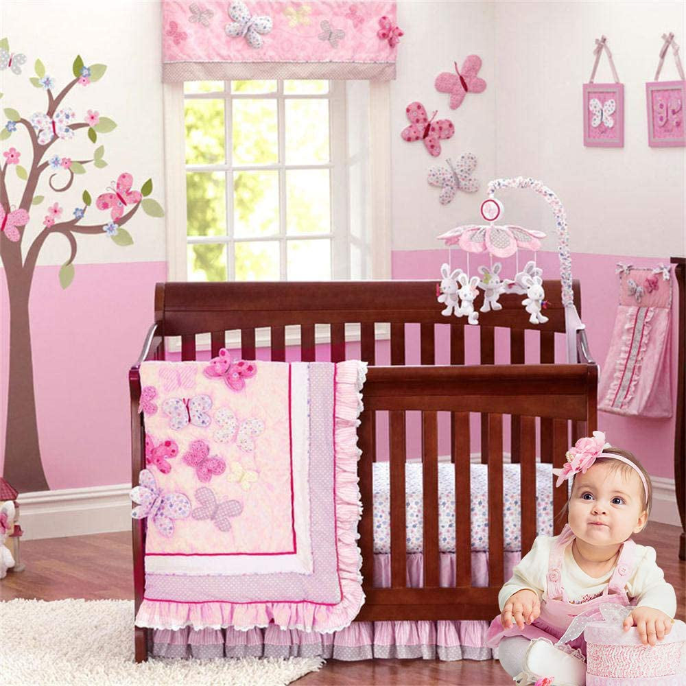 Pink Butterfly Floral Crib Bedding Sets for Girls | 4 Piece Nursery Set | Crib Comforter, Fitted Crib Sheet, Crib Skirt, Diaper Stacker Included