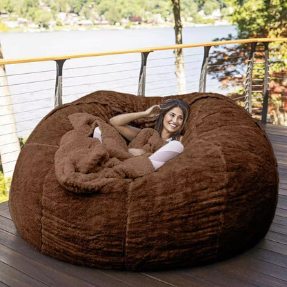 7-Foot Bean Bag Chair with Furry Fur Cover Machine Washable Big Size Sofa and Giant Lounger Furniture