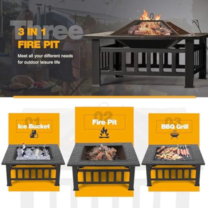 32 Inch Metal Outdoor Fire Pit Table Multiuse Square Patio BBQ Firepit with Spark Screen Lid and Waterproof Cover for Camping