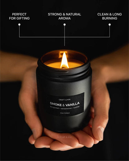 Scented Candles for Men | Smoke & Vanilla Scented Candle | Soy Candles for Home Scented | Aromatherapy Candle Men Candles | Candle for Men Candles | Long Lasting Candles | Vanilla Candle in Black Jar